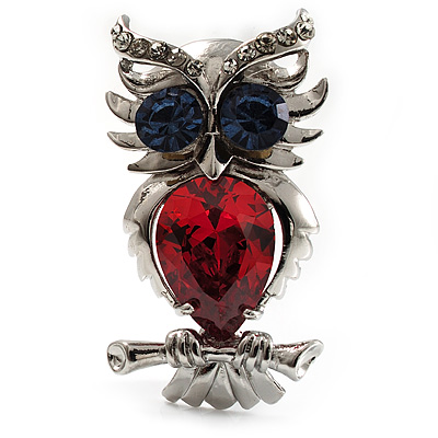 Classic Fashion Zirconia Drop Silver Open Bracelet Bangle on Silver Tone Stunning Cz Owl Brooch  Red   Blue   B01110