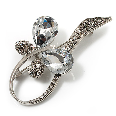 Classic Fashion Zirconia Drop Silver Open Bracelet Bangle on Clear Crystal Butterfly Brooch  Silver Tone   B01356