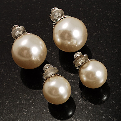 Set of 2 Ivory Faux Pearl ClipOn Earrings 15mm12mm E00715 