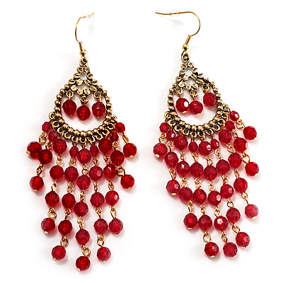 Acrylic Chandelier on Long Red Acrylic Chandelier Earring  Antique Gold Finish   10 5cm Drop
