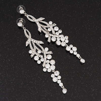 Bridal Chandelier Earrings on Long Swarovski Clear Crystal Chandelier Earrings   Silver Plated Metal