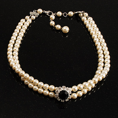 2 Strand Ivory Pearl Style CZ Wedding Choker Necklace With JetBlack 