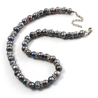 Pearl Necklace Freshwater on Ash Grey Freshwater Pearl Necklace With Crystal Rings  8mm    Avalaya