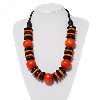 Chunky Beaded Jewelry on Chunky Beaded Cotton Cord Necklace  Black   Orange   N00998