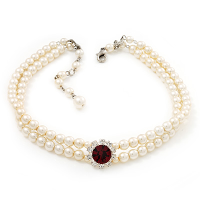 2 Strand Ivory Pearl Style CZ Wedding Choker Necklace With Ruby Red Central