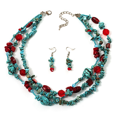 Turquoise Jewelry Sets on Multistrand Turquoise Necklace And Drop Earrings Set  Silver Tone